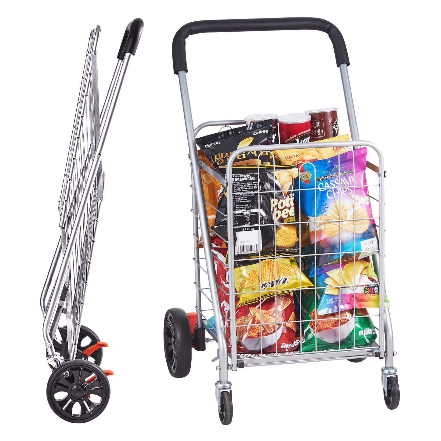 Folding Shopping Cart, 110 lbs Max lastkapacitet, Livsmedelsvagn med rullande svängbara hjul, Heavy Duty hopfällbar tvättkorgsvagn Kompakt Lätt hopfällbar för bagage, Silver