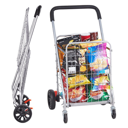 Folding Shopping Cart, 110 lbs Max lastkapacitet, Livsmedelsvagn med rullande svängbara hjul, Heavy Duty hopfällbar tvättkorgsvagn Kompakt Lätt hopfällbar för bagage, Silver