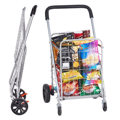 Folding Shopping Cart, 110 lbs Max lastkapacitet, Livsmedelsvagn med rullande svängbara hjul, Heavy Duty hopfällbar tvättkorgsvagn Kompakt Lätt hopfällbar för bagage, Silver