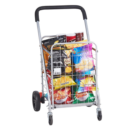 Folding Shopping Cart, 110 lbs Max lastkapacitet, Livsmedelsvagn med rullande svängbara hjul, Heavy Duty hopfällbar tvättkorgsvagn Kompakt Lätt hopfällbar för bagage, Silver