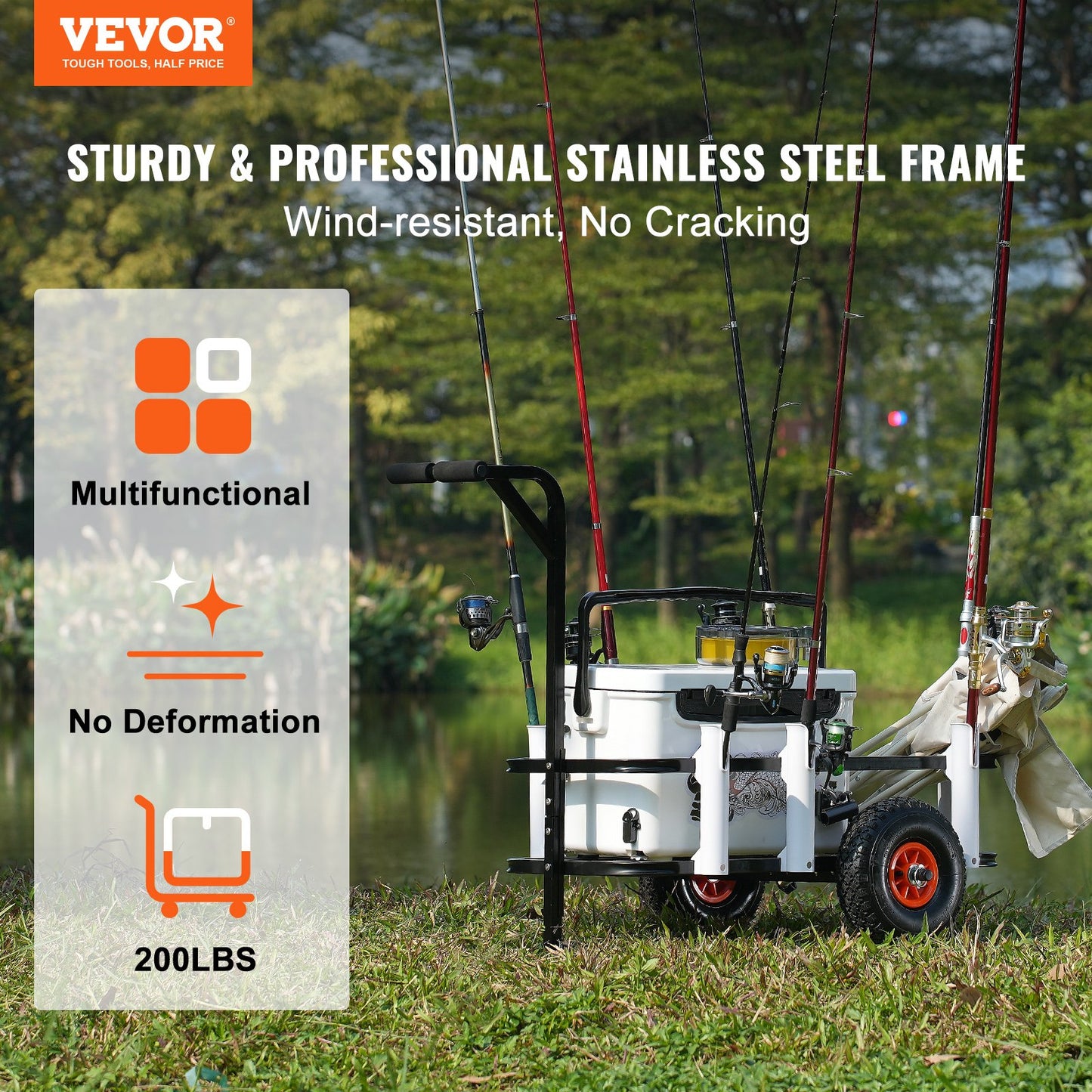 Beach Fishing Cart, 200 lbs Load Capacity, Fish and Marine Cart with Two 11" Large Wheels Rubber Balloon Tires for Sand, Heavy Duty Steel Pier Cart Carts with 7 Rod Holders for Fishing, Picnic