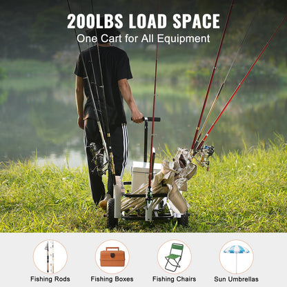 Beach Fishing Cart, 200 lbs Load Capacity, Fish and Marine Cart with Two 11" Large Wheels Rubber Balloon Tires for Sand, Heavy Duty Steel Pier Cart Carts with 7 Rod Holders for Fishing, Picnic