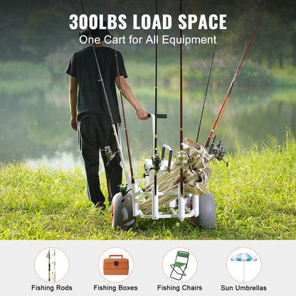 Strand-Angelwagen, 136 kg Tragkraft, Angel- und Bootswagen mit zwei 33 cm großen Rädern und PU-Ballonreifen für Sand, robuster Aluminium-Dockwagen mit 8 Rutenhaltern zum Angeln und Picknicken