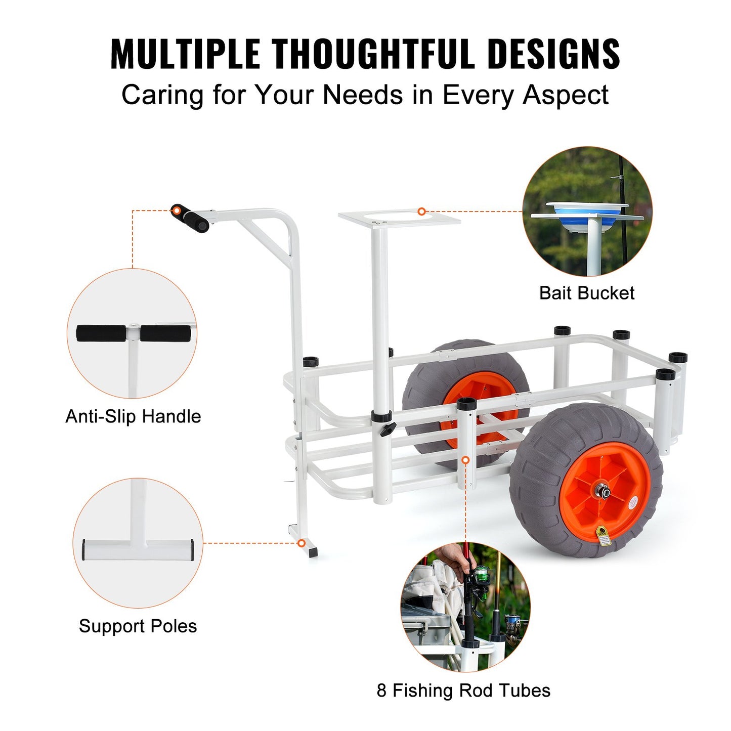 Beach Fishing Cart, 350 lbs Load Capacity, Fishing and Marine Cart with Two 16" Large Wheels PU Balloon Tires for Sand, Heavy Duty Aluminum Dockside Carts with 8 Rod Holders for Fishing, Picnic