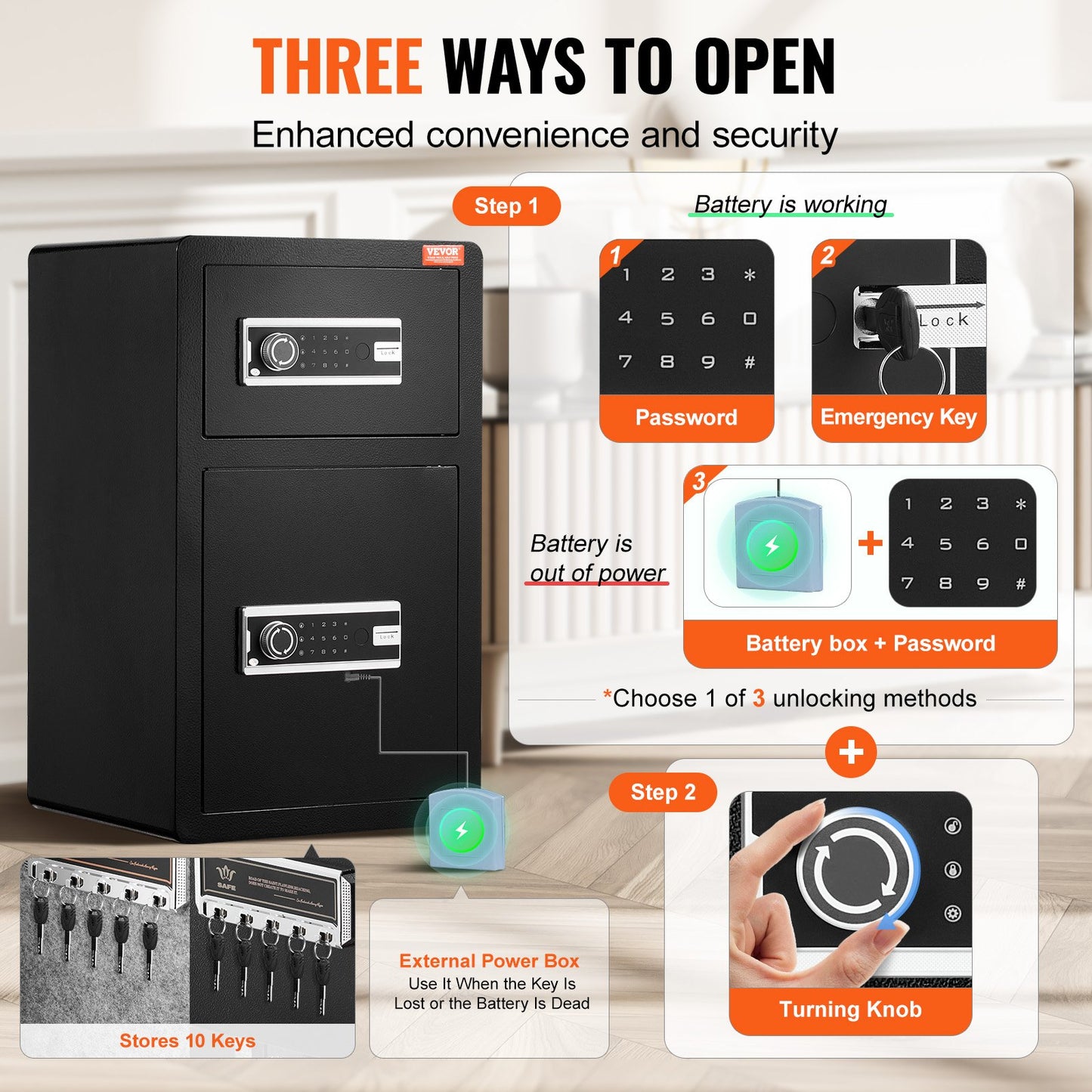 Dubbeldörr 4,5 ku.ft Säkerhetsbox med nyckellås Lösenord Brandsäker väska Svart