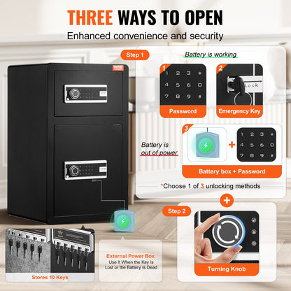 Dubbeldörr 4,5 ku.ft Säkerhetsbox med nyckellås Lösenord Brandsäker väska Svart