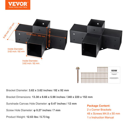 Pergola Bracket Kit 4''x4'', inre storlek 3,6"x3,6 2st 4-vägs kraftigt hörnfäste Woodworks DIY stolpbassats, enkel installation av träbjälkar för lusthus, uteplatspergolor, timmerstuga utomhuspergola hårdvara