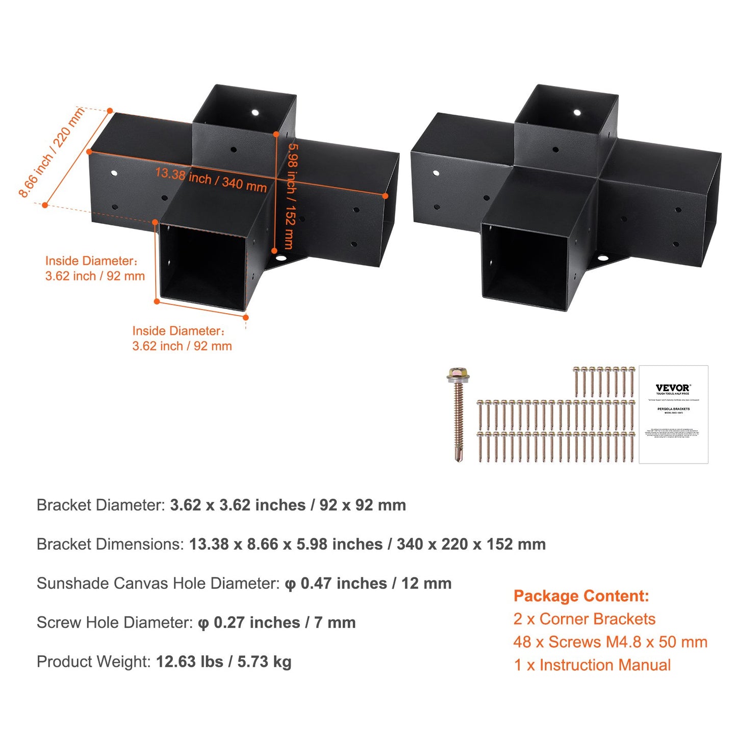 Pergola Bracket Kit 4''x4'', inre storlek 3,6"x3,6 2st 4-vägs kraftigt hörnfäste Woodworks DIY stolpbassats, enkel installation av träbjälkar för lusthus, uteplatspergolor, timmerstuga utomhuspergola hårdvara