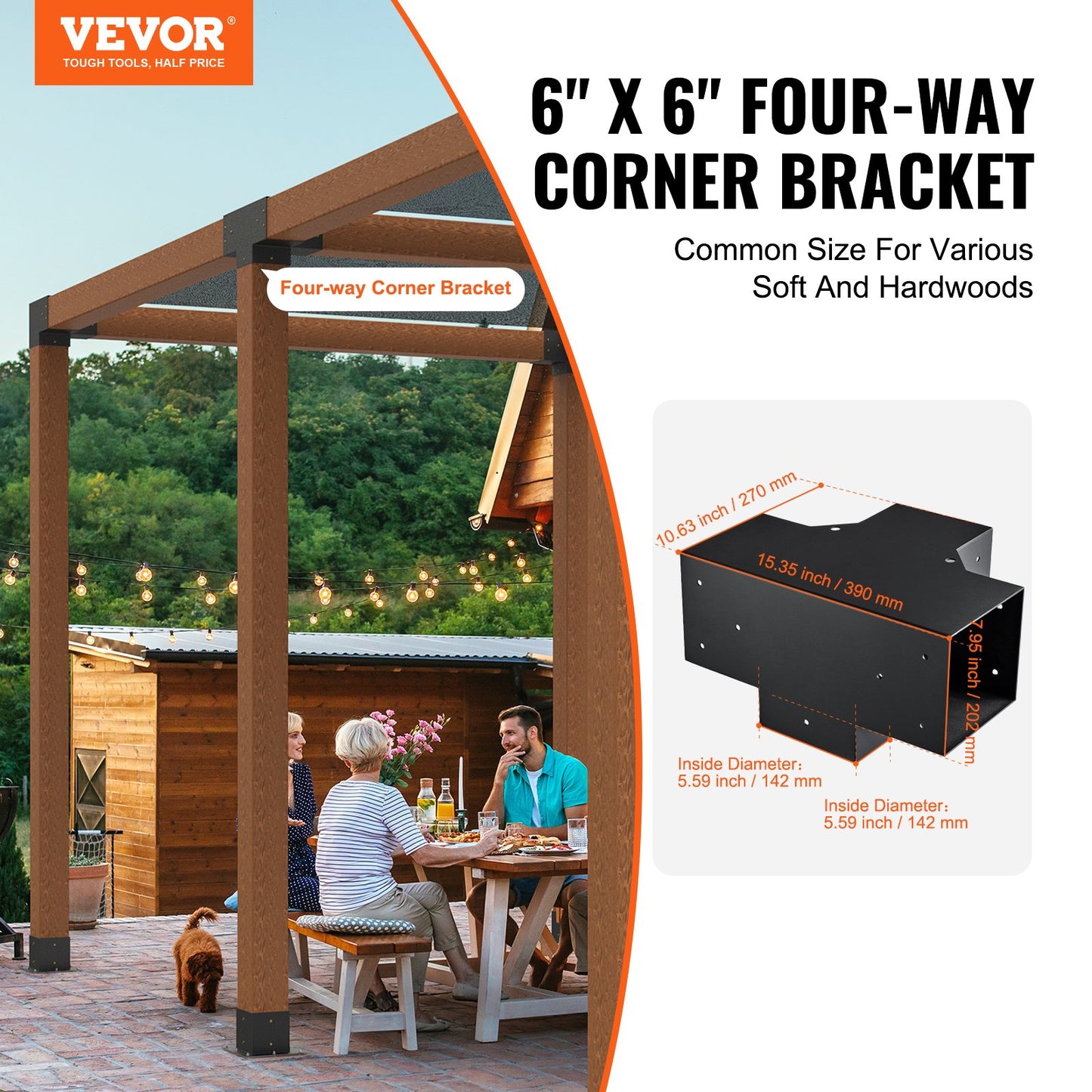 Pergola Bracket Kit 6''x6'', Inner Size 5.6"x5.6 2pcs 4-Way Heavy Duty Corner Bracket Woodworks DIY Post Base Kit, Easy Installation Wood Beams for Gazebos, Patio Pergolas, Log Cabin Outdoor Pergola