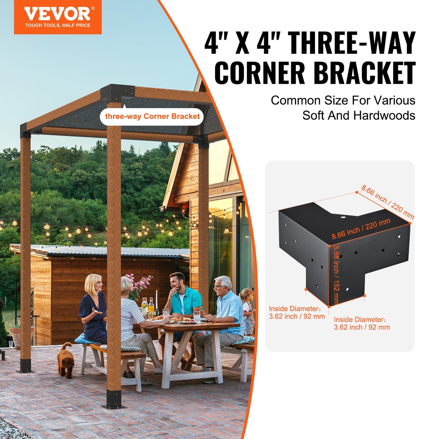 Pergola Bracket Kit 4''x4'', Innerstorlek 3,6"x3,6 4st 3-vägs Heavy Duty Hörnfäste Woodworks DIY Stolp Base Kit, Enkel installation Träbalkar för lusthus, Pergola för uteplats, timmerstuga Utomhuspergola hårdvara