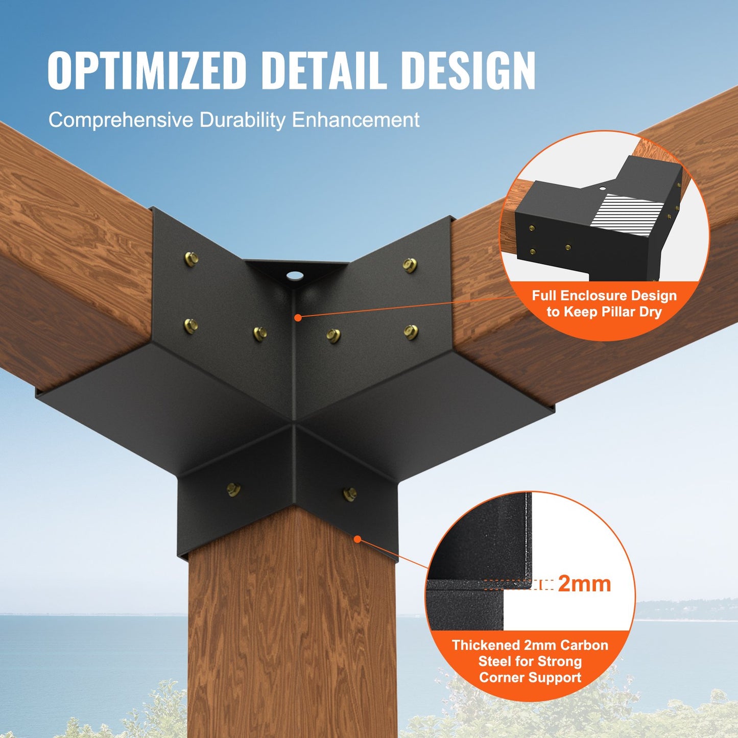 Pergola Bracket Kit 4''x4'', Innerstorlek 3,6"x3,6 4st 3-vägs Heavy Duty Hörnfäste Woodworks DIY Stolp Base Kit, Enkel installation Träbalkar för lusthus, Pergola för uteplats, timmerstuga Utomhuspergola hårdvara