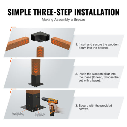 Pergola Bracket Kit 4''x4'', Innerstorlek 3,6"x3,6 4st 3-vägs Heavy Duty Hörnfäste Woodworks DIY Stolp Base Kit, Enkel installation Träbalkar för lusthus, Pergola för uteplats, timmerstuga Utomhuspergola hårdvara