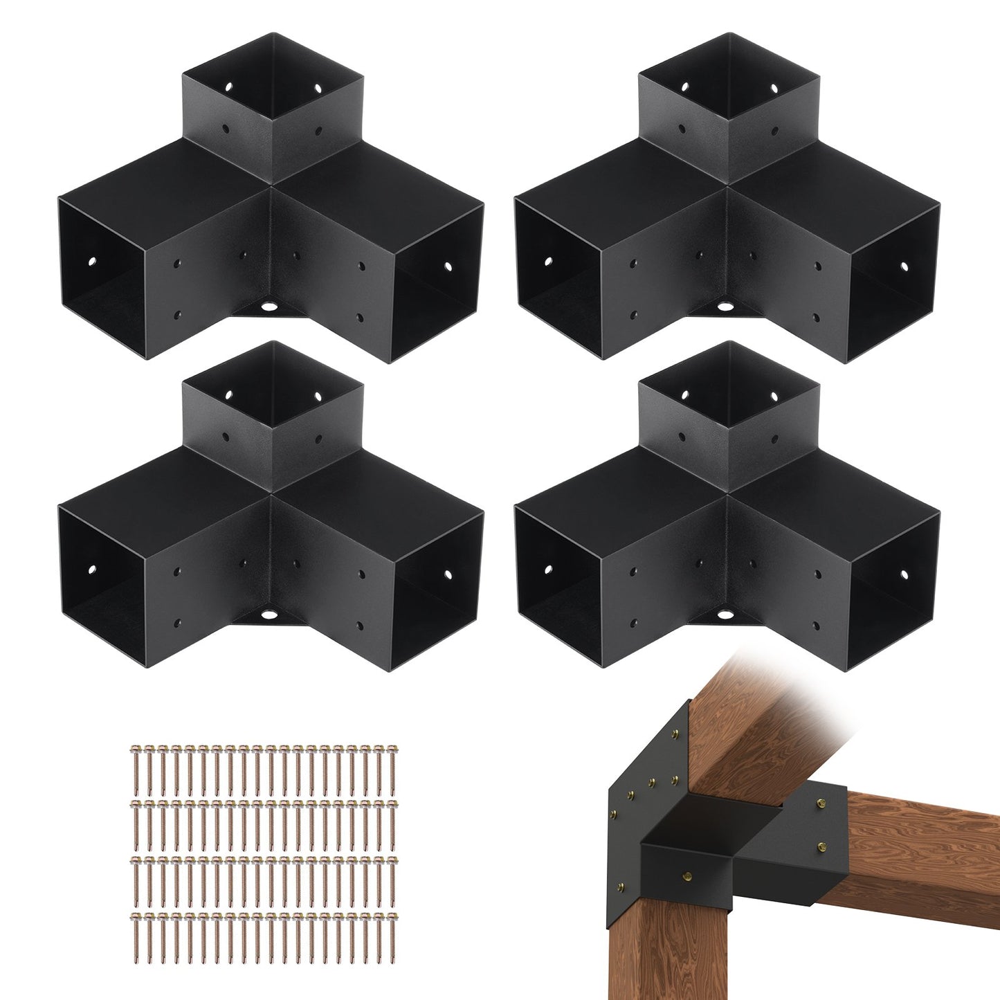 Pergola Bracket Kit 4''x4'', Innerstorlek 3,6"x3,6 4st 3-vägs Heavy Duty Hörnfäste Woodworks DIY Stolp Base Kit, Enkel installation Träbalkar för lusthus, Pergola för uteplats, timmerstuga Utomhuspergola hårdvara