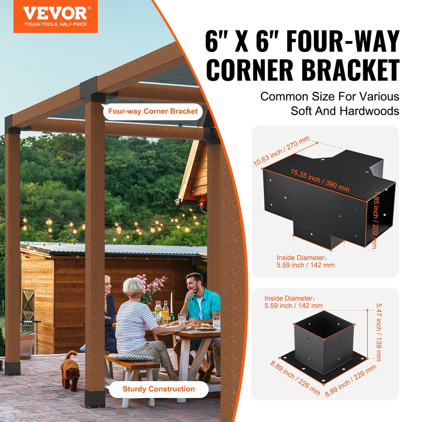 Pergola Bracket Kit 6''x6'',, Innerstorlek 5,6"x5,6 4st 4-vägs Heavy Duty Hörnfäste Woodworks DIY stolpbas, enkel installation träbjälkar för lusthus, uteplatspergolor, timmerstuga utomhuspergola hårdvara