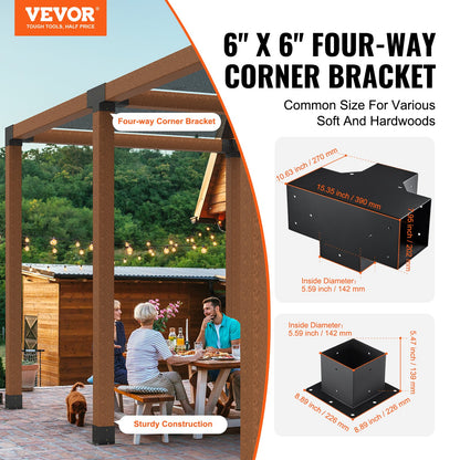 Pergola Bracket Kit 6''x6'',, Innerstorlek 5,6"x5,6 4st 4-vägs Heavy Duty Hörnfäste Woodworks DIY stolpbas, enkel installation träbjälkar för lusthus, uteplatspergolor, timmerstuga utomhuspergola hårdvara