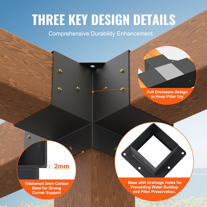 Pergola Bracket Kit 6''x6'',, Innerstorlek 5,6"x5,6 4st 4-vägs Heavy Duty Hörnfäste Woodworks DIY stolpbas, enkel installation träbjälkar för lusthus, uteplatspergolor, timmerstuga utomhuspergola hårdvara
