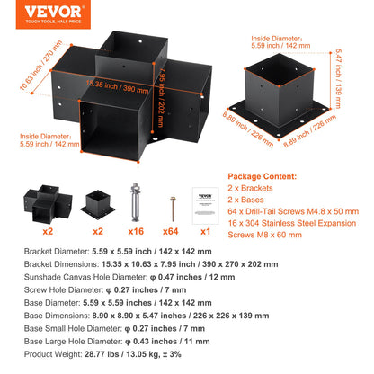 Pergola Bracket Kit 6''x6'',, Innerstorlek 5,6"x5,6 4st 4-vägs Heavy Duty Hörnfäste Woodworks DIY stolpbas, enkel installation träbjälkar för lusthus, uteplatspergolor, timmerstuga utomhuspergola hårdvara