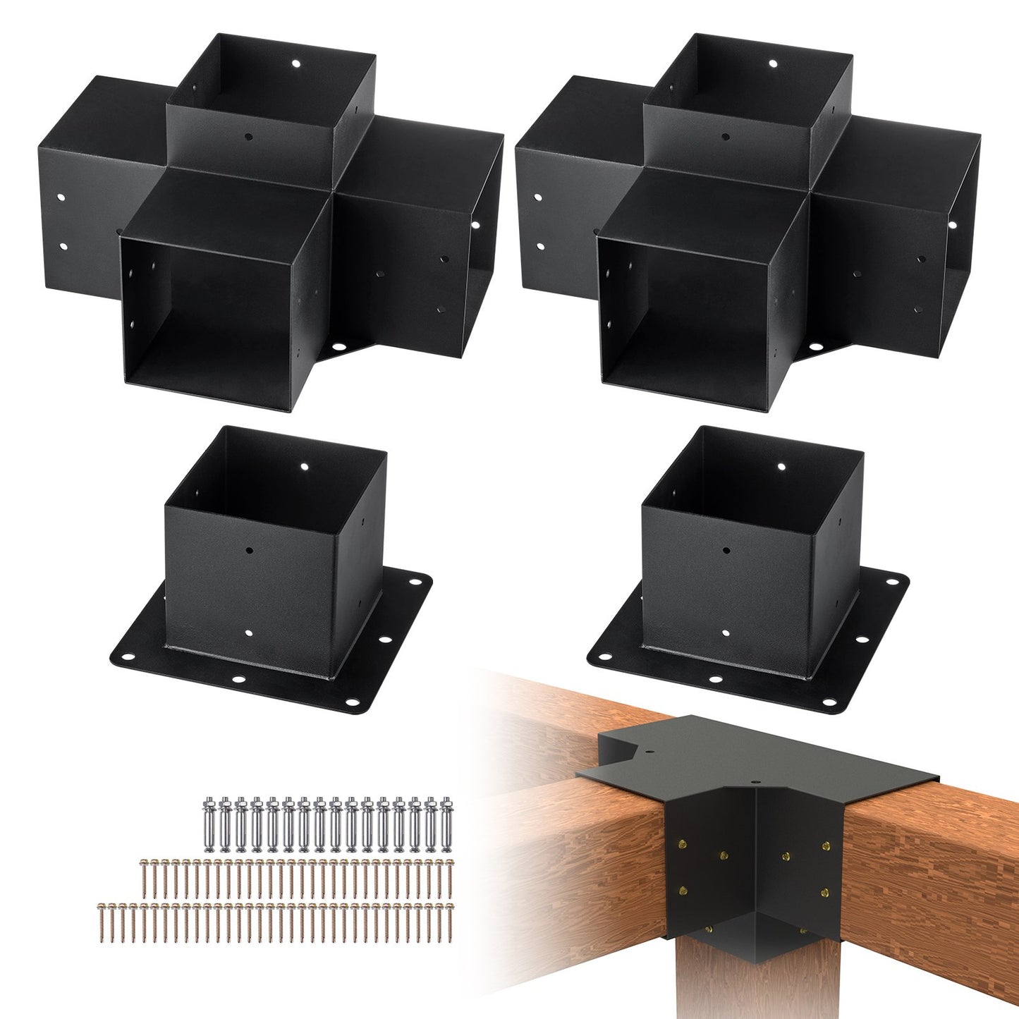 Pergola Bracket Kit 6''x6'',, Innerstorlek 5,6"x5,6 4st 4-vägs Heavy Duty Hörnfäste Woodworks DIY stolpbas, enkel installation träbjälkar för lusthus, uteplatspergolor, timmerstuga utomhuspergola hårdvara