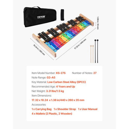 Klockspel Xylofon, 27 toner, Professionellt Xylofon-slagverksinstrument, Med Färgglada Metalltangenter, Inkluderar 4 Hammaror, Bärväska, Nybörjarkit med Musikinstrument för Vuxna och Barn |  EU