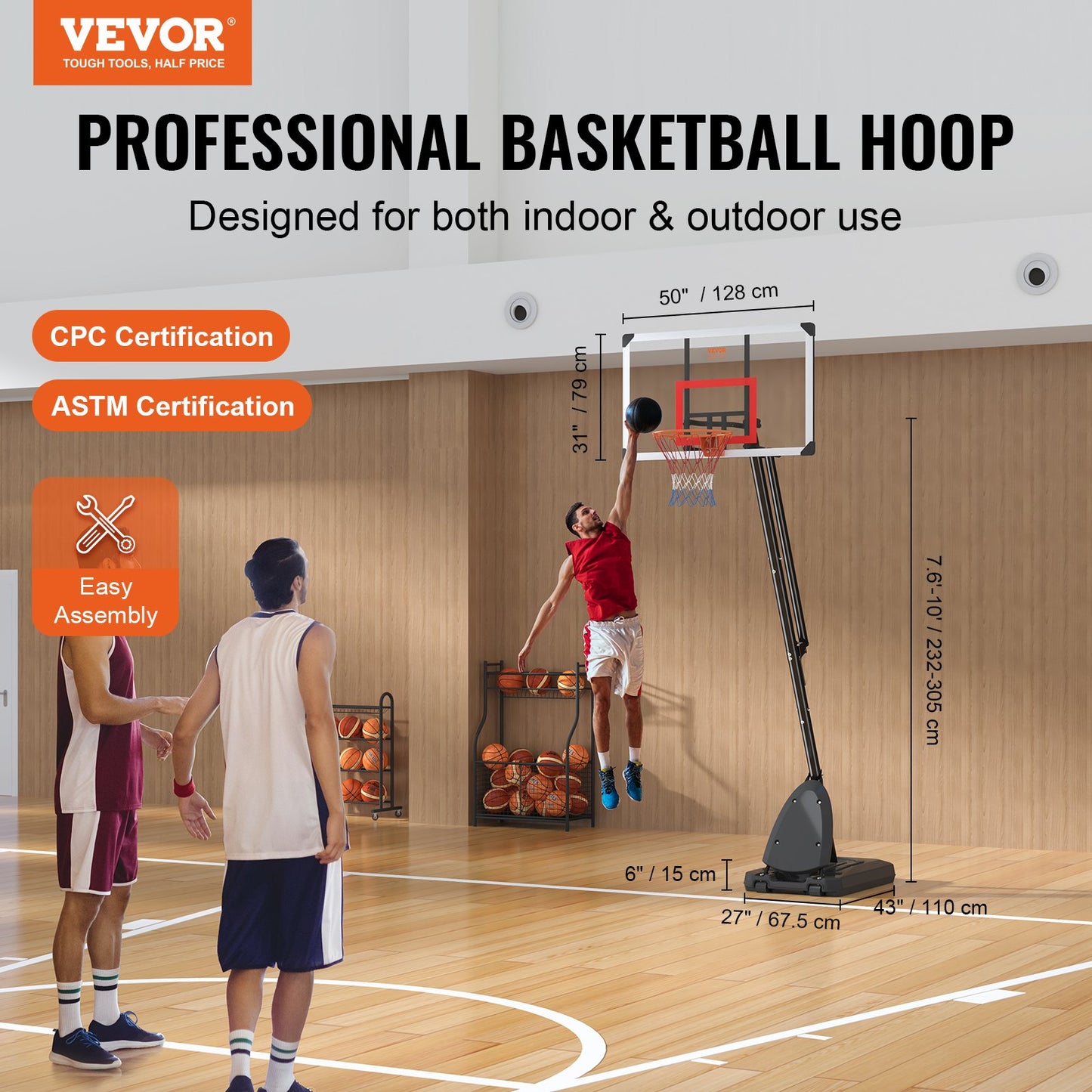 Basketbåge, 7,6-10 fot justerbar höjd bärbart ryggbrädesystem, 50 tums basketbåge och mål, barn och vuxna basketset med hjul, stativ och fyllbar bas, för utomhus/inomhus