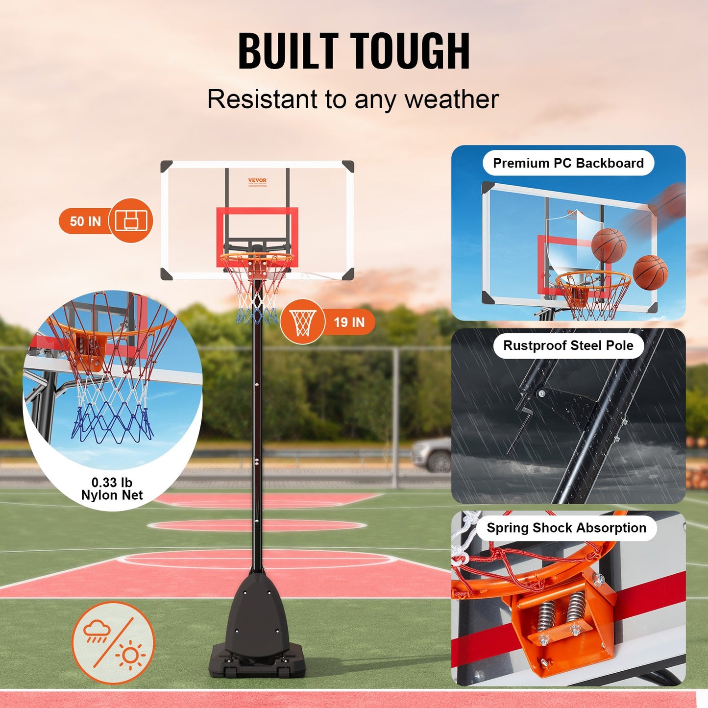 Basketbåge, 7,6-10 fot justerbar höjd bärbart ryggbrädesystem, 50 tums basketbåge och mål, barn och vuxna basketset med hjul, stativ och fyllbar bas, för utomhus/inomhus