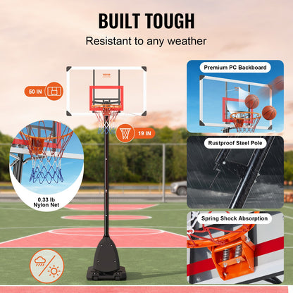 Basketbåge, 7,6-10 fot justerbar höjd bärbart ryggbrädesystem, 50 tums basketbåge och mål, barn och vuxna basketset med hjul, stativ och fyllbar bas, för utomhus/inomhus