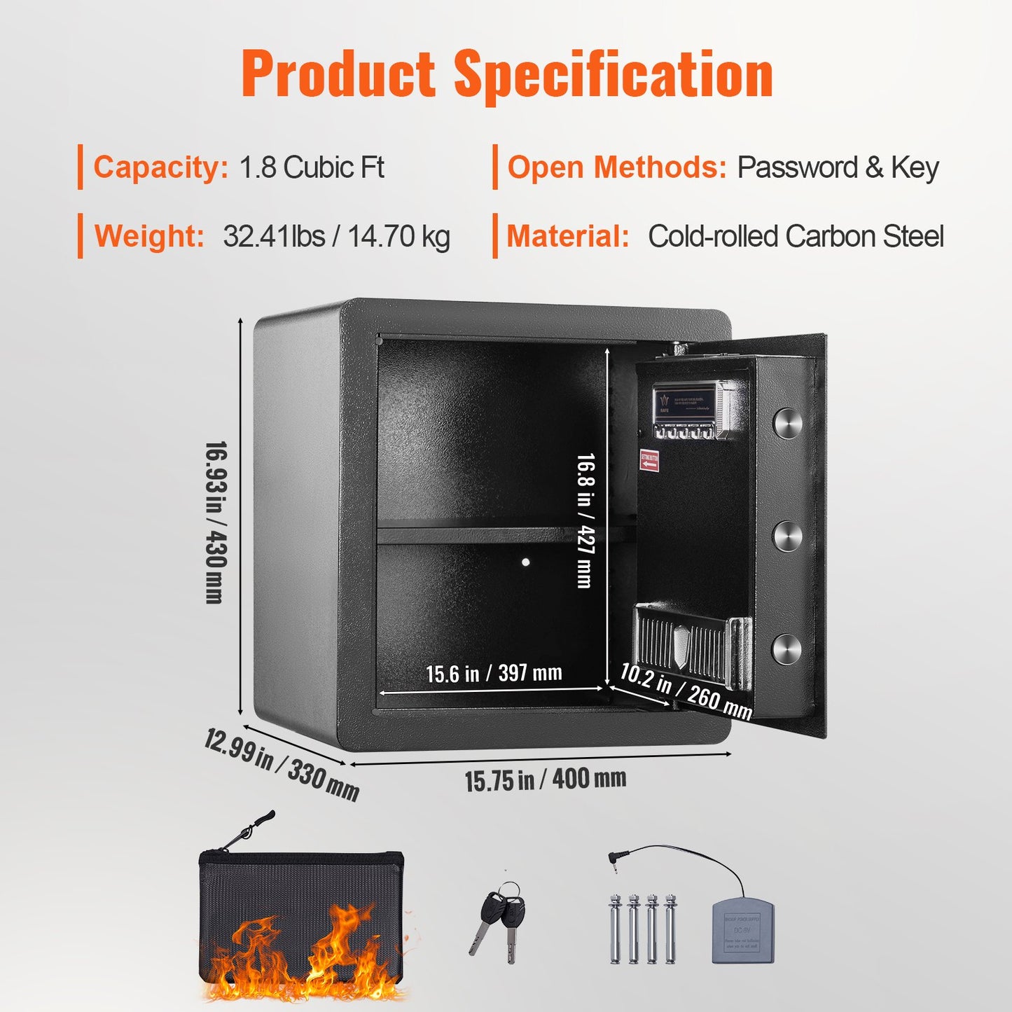 Safe, 1.8 Cubic Feet Home Safe, Steel Security Cabinet with Digital Keypad and 2 Keys, Cabinet Locker with Fireproof Case, Protect Cash, Gold, Jewelry, Documents for Home, Hotel, 15.8x13x16.9 inches