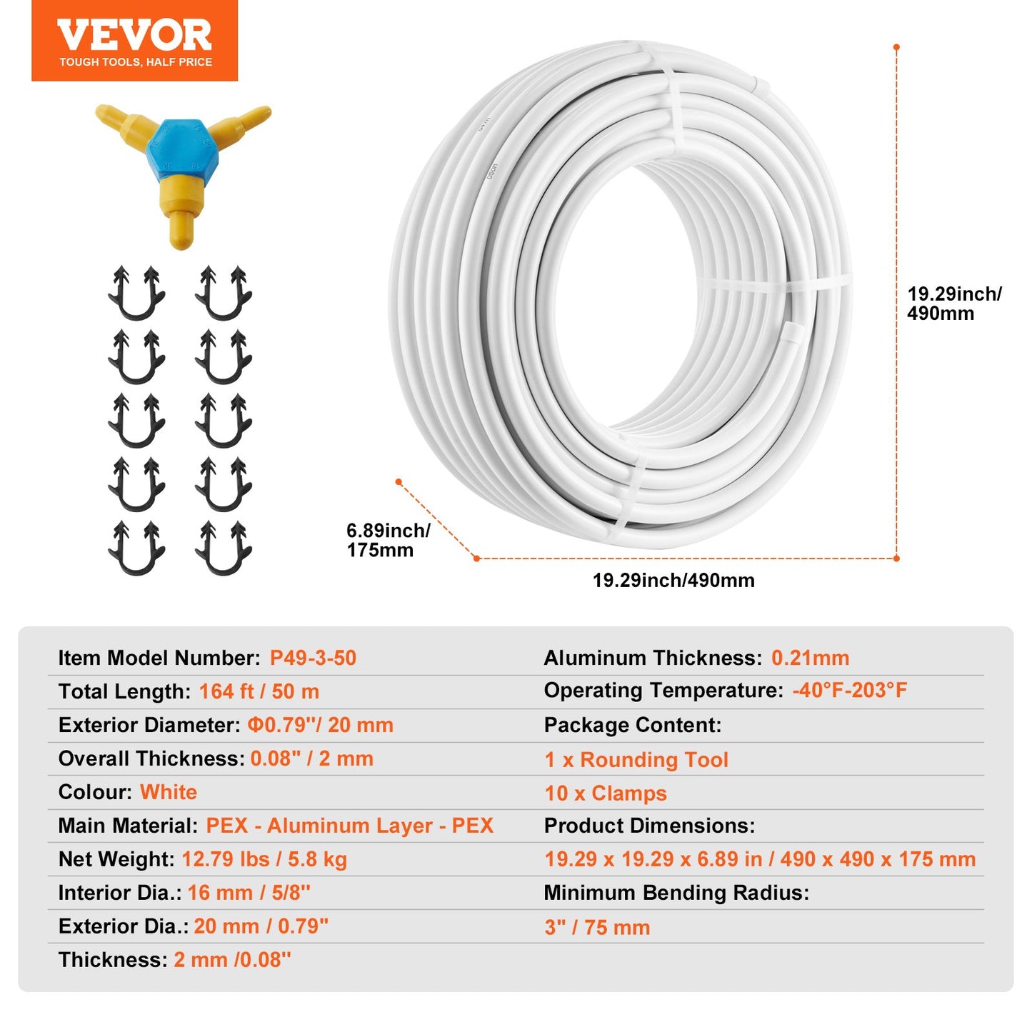 PEX-AL-PEX Pipe, 164 Feet, 0.79'' Diameter Aluminum-Plastic Composite Pipe Oxygen Barrier Radiant Floor PEX Pipe, 0.08'' Thickness Radiant Heat Floor Plumbing Inner Aluminum Layer PEX Pipe Tube
