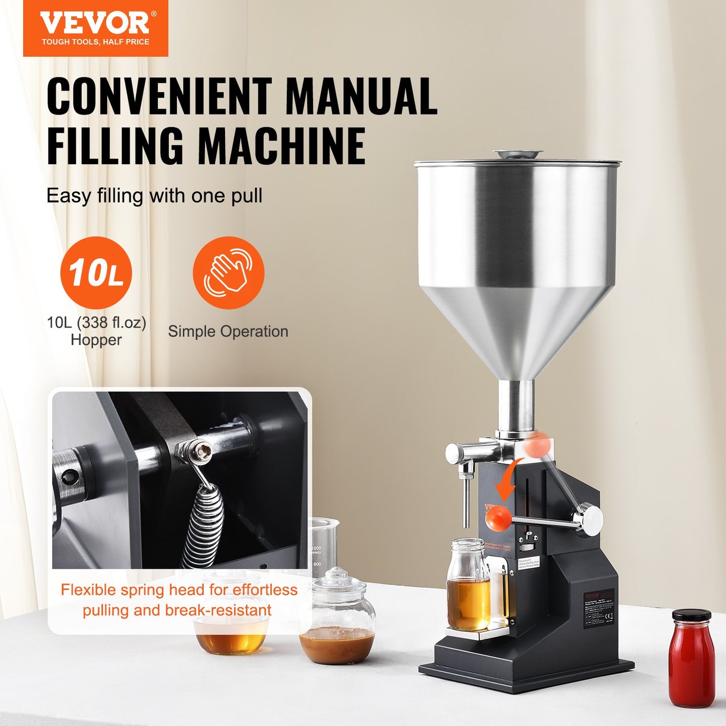 Manual Liquid Filling Machine, 5-50ml Bottle Filler, Adjustable Bottle Filling Machine, Stainless Steel Liquid Filler with Container for Milk Water Juice Essential Oil Shampoo Cosmetic Honey