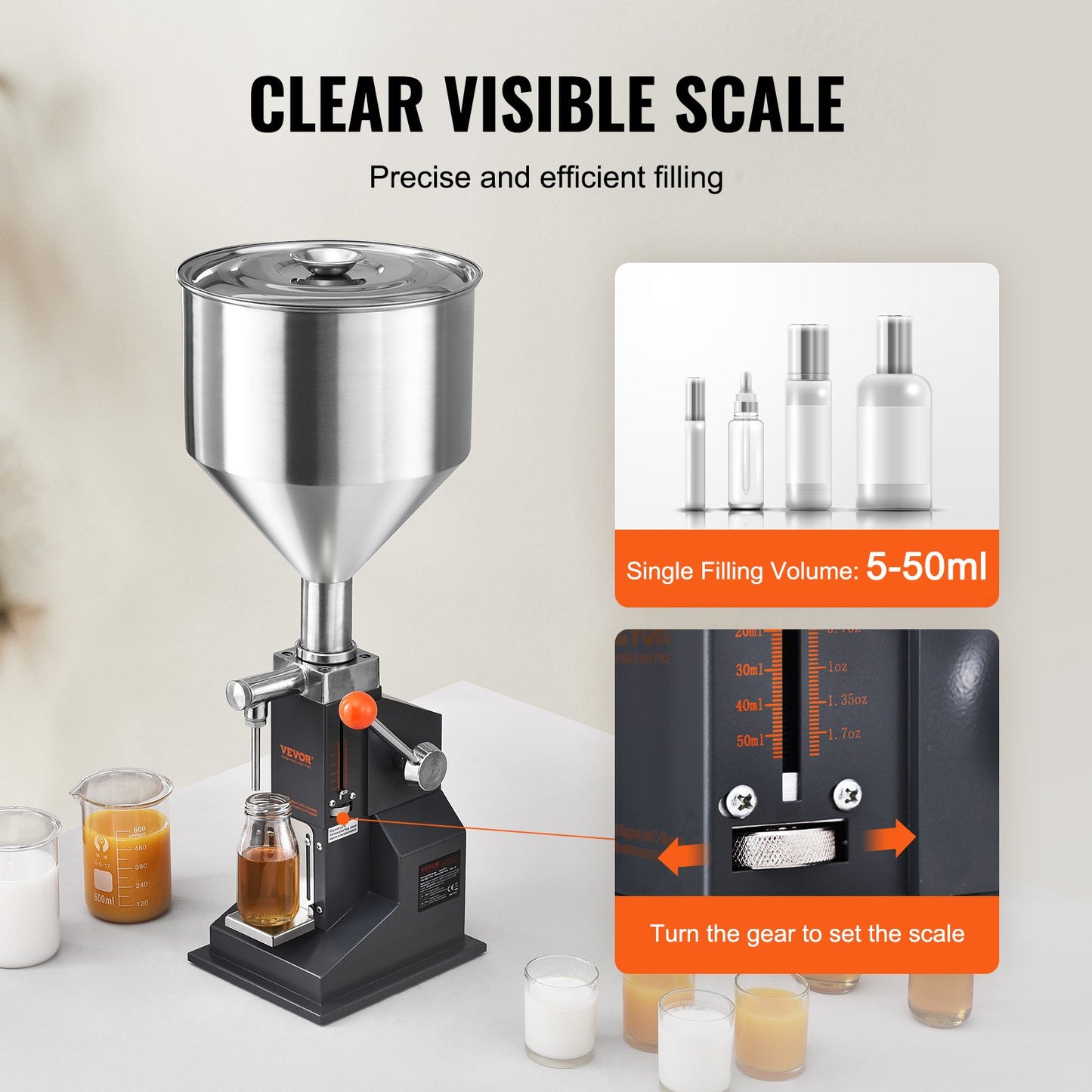 Manual Liquid Filling Machine, 5-50ml Bottle Filler, Adjustable Bottle Filling Machine, Stainless Steel Liquid Filler with Container for Milk Water Juice Essential Oil Shampoo Cosmetic Honey