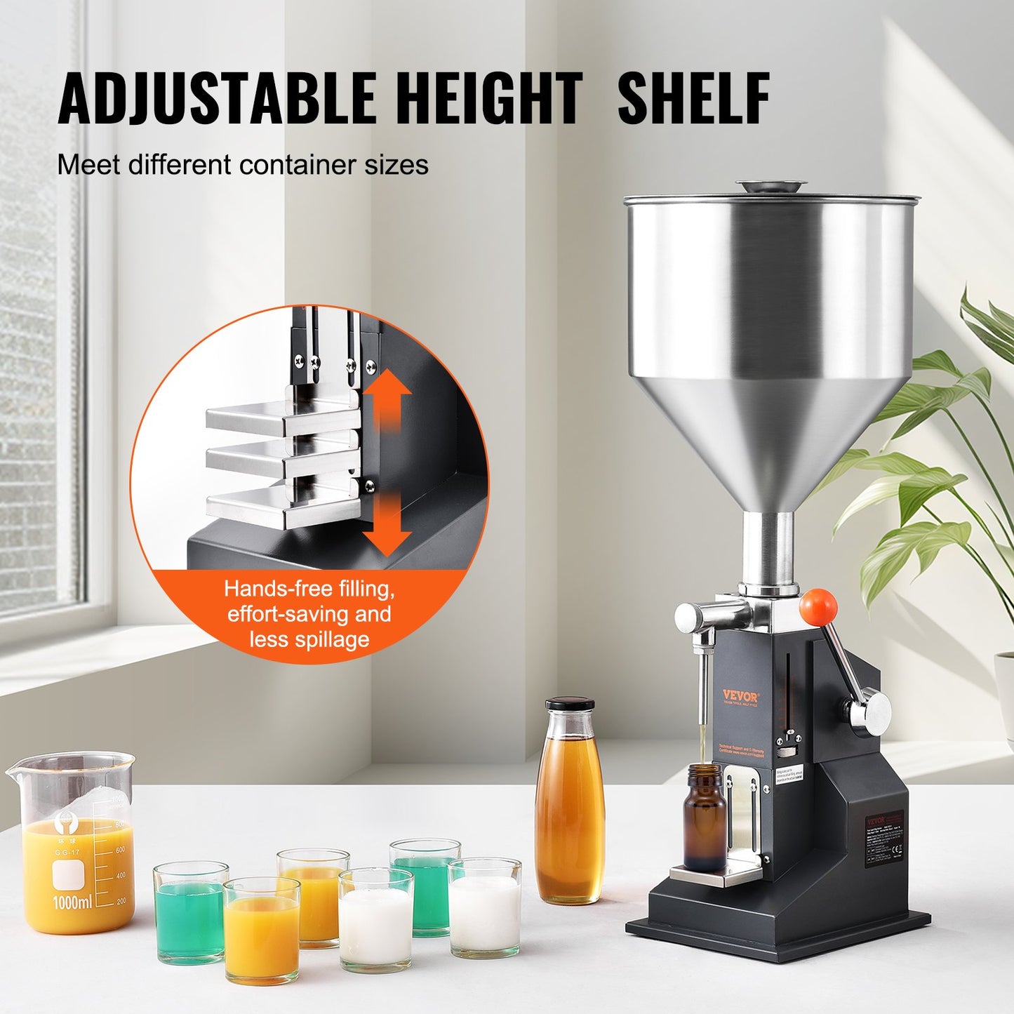 Manual Liquid Filling Machine, 5-50ml Bottle Filler, Adjustable Bottle Filling Machine, Stainless Steel Liquid Filler with Container for Milk Water Juice Essential Oil Shampoo Cosmetic Honey