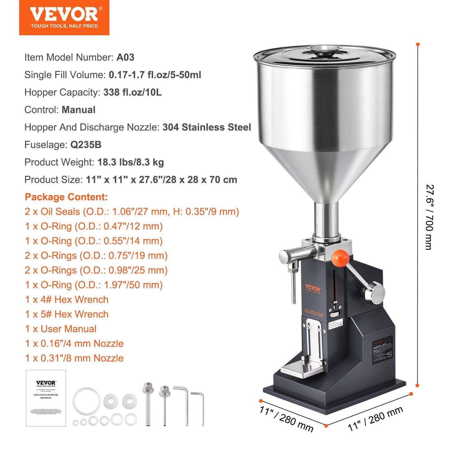 Manual Liquid Filling Machine, 5-50ml Bottle Filler, Adjustable Bottle Filling Machine, Stainless Steel Liquid Filler with Container for Milk Water Juice Essential Oil Shampoo Cosmetic Honey