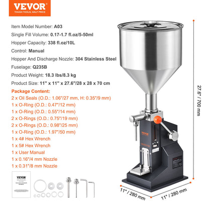 Manual Liquid Filling Machine, 5-50ml Bottle Filler, Adjustable Bottle Filling Machine, Stainless Steel Liquid Filler with Container for Milk Water Juice Essential Oil Shampoo Cosmetic Honey