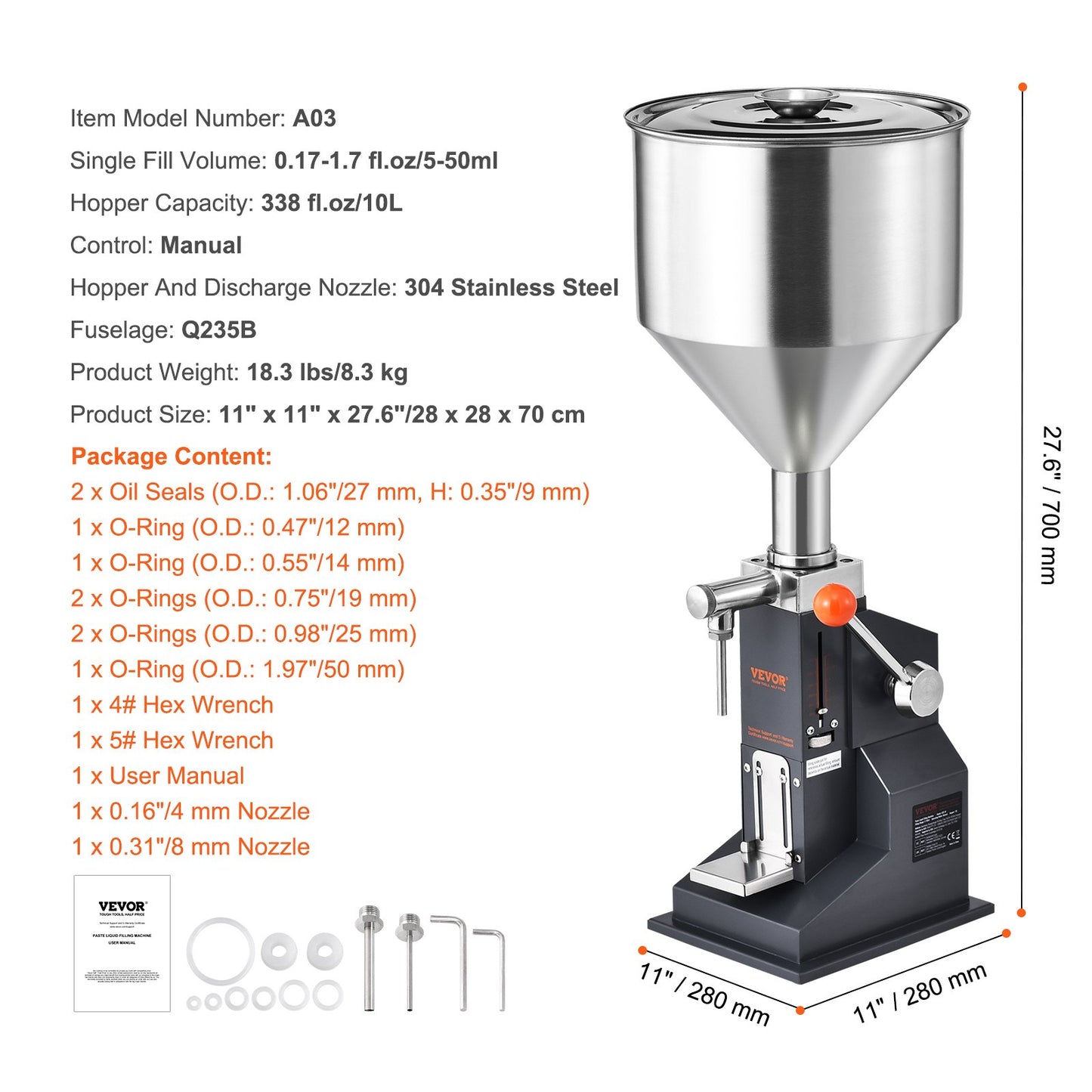 Manual Liquid Filling Machine, 5-50ml Bottle Filler, Adjustable Bottle Filling Machine, Stainless Steel Liquid Filler with Container for Milk Water Juice Essential Oil Shampoo Cosmetic Honey