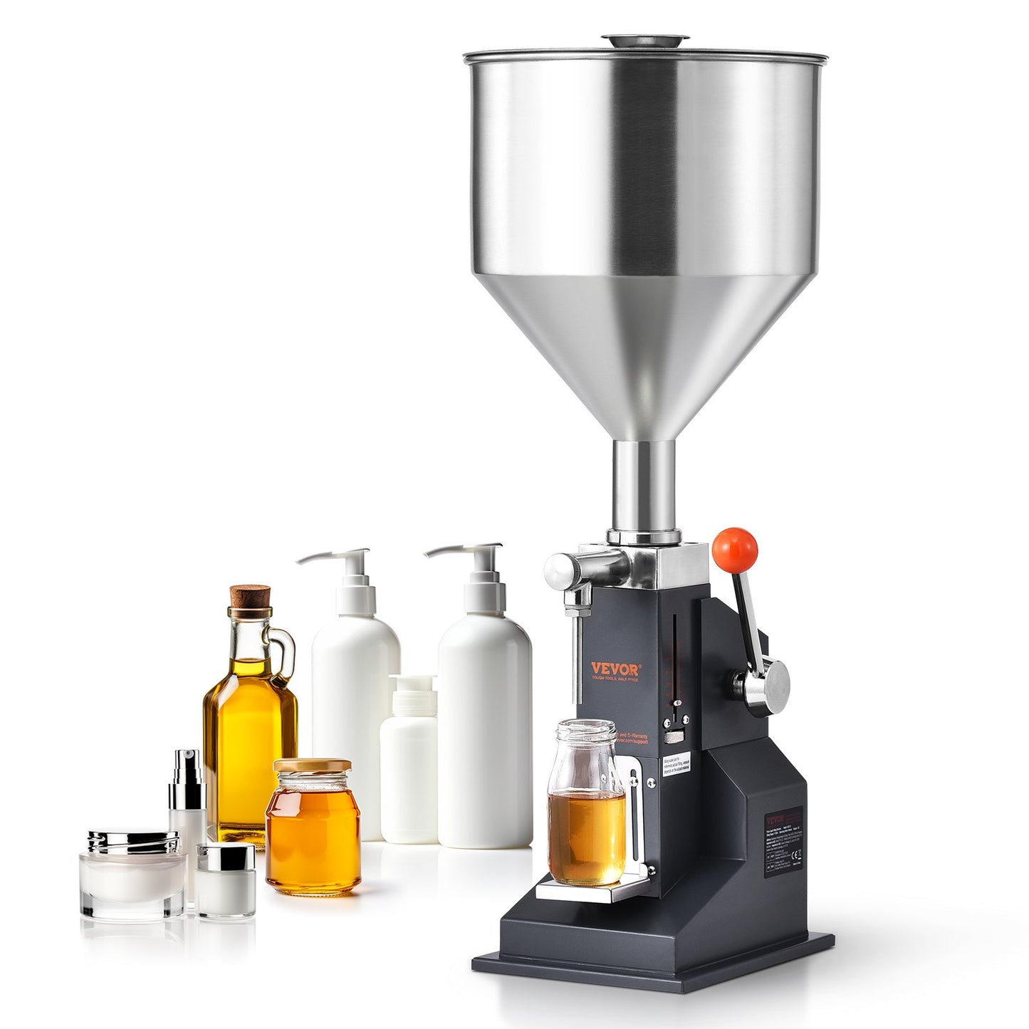 Manual Liquid Filling Machine, 5-50ml Bottle Filler, Adjustable Bottle Filling Machine, Stainless Steel Liquid Filler with Container for Milk Water Juice Essential Oil Shampoo Cosmetic Honey