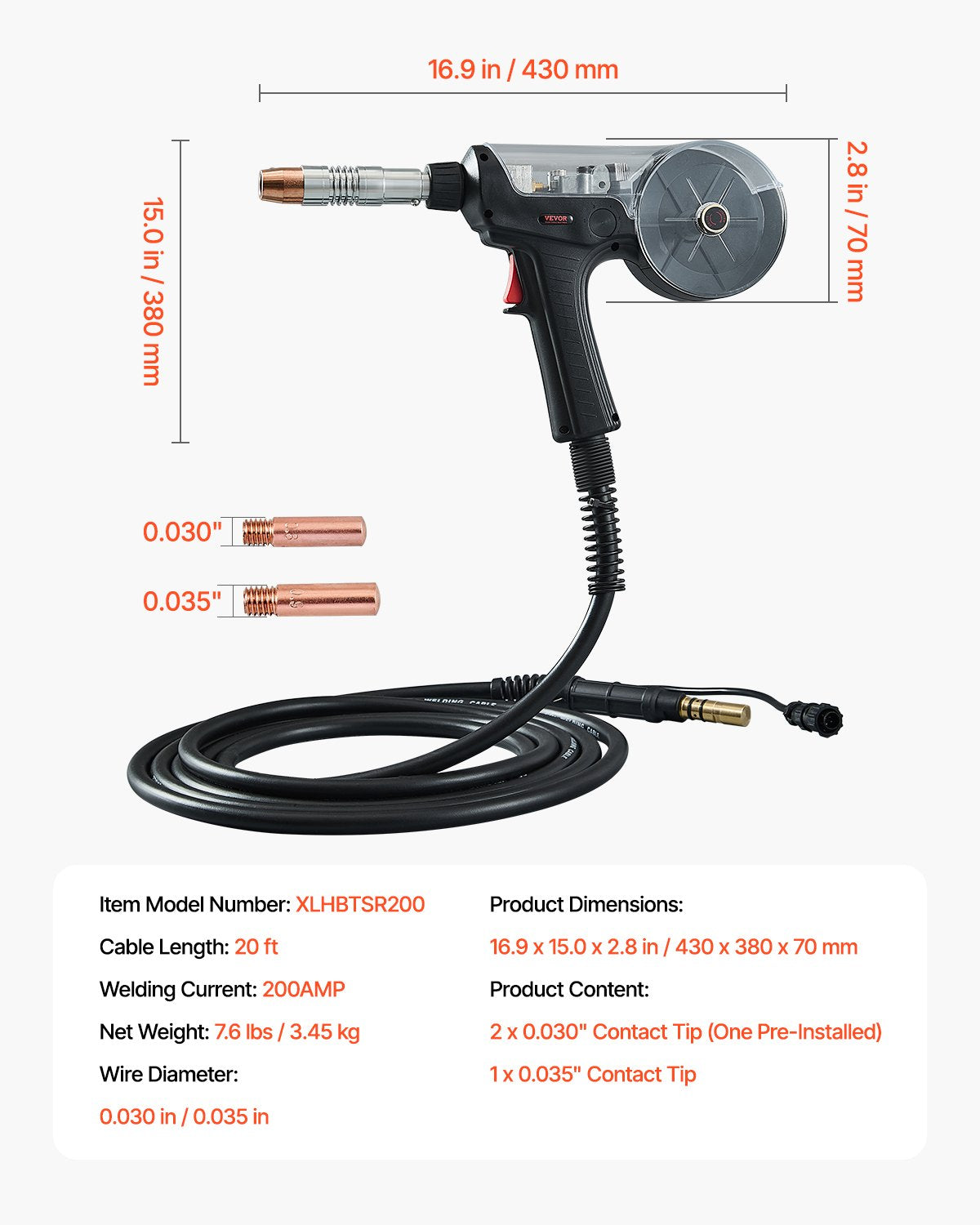 200Amp Coil Gun with 20FT Cable Compatible with Hobart lronMan 240 Welder