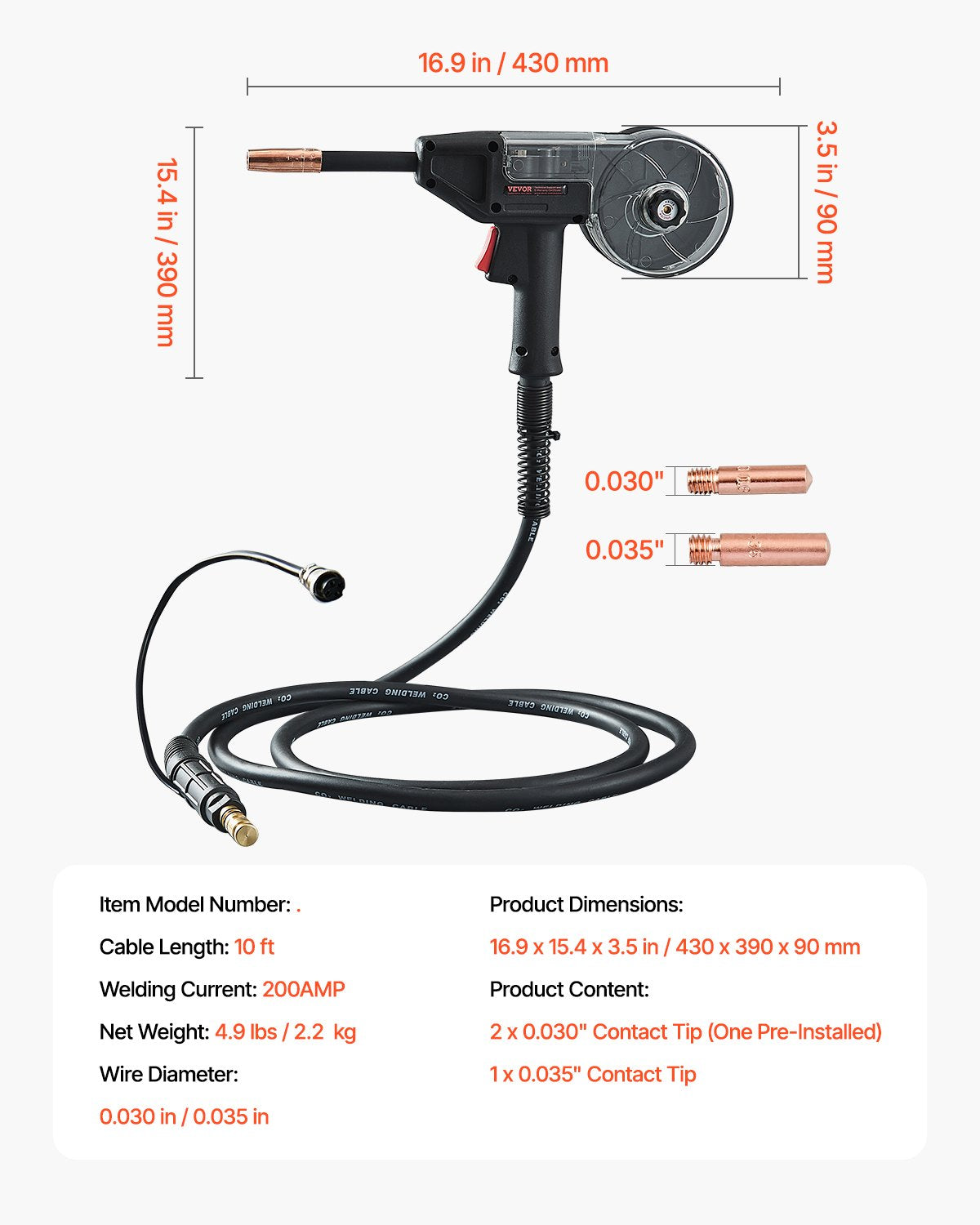 200 Amp Spool Gun with 10FT Cable Suitable for 0.030" 0.035" Welding Wires