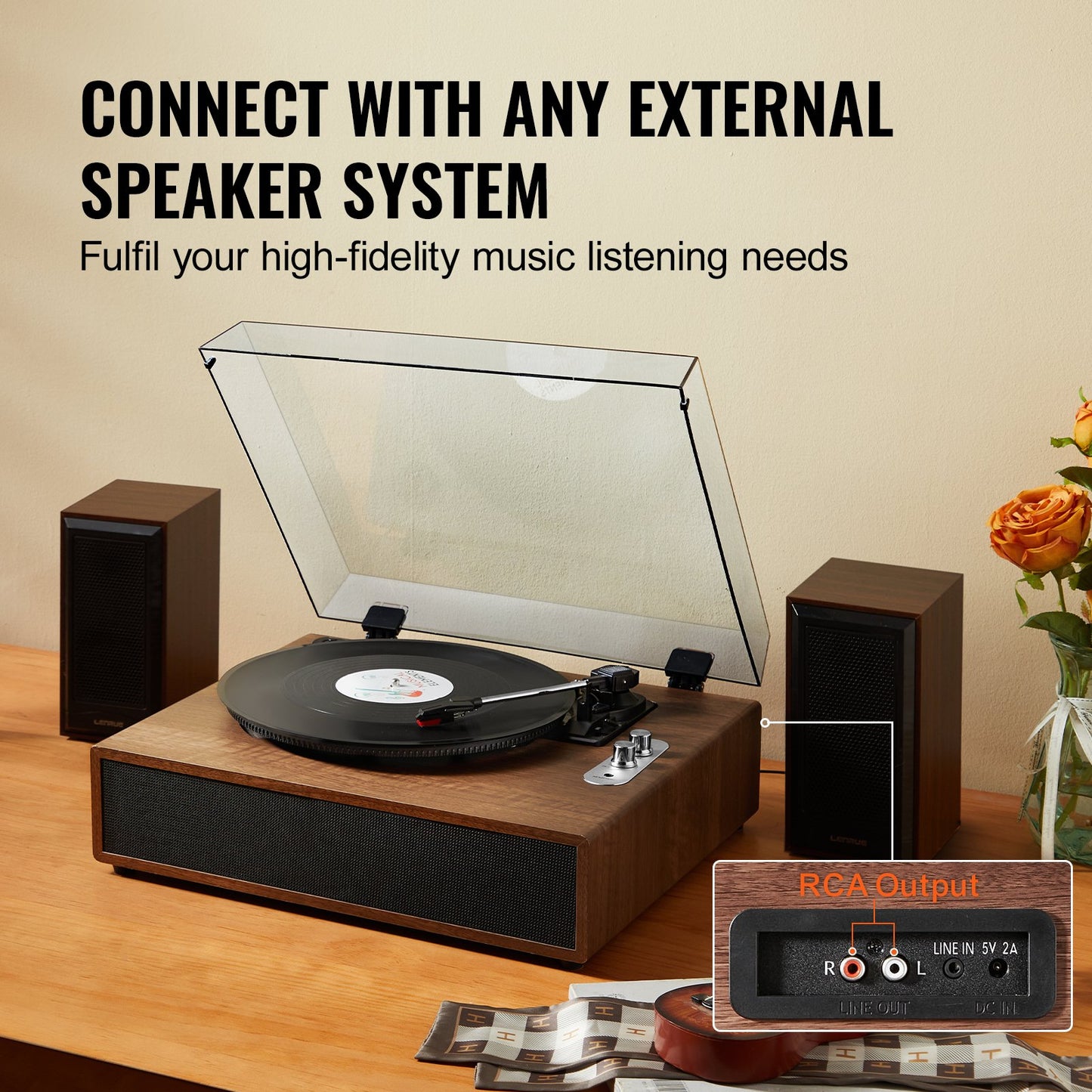 Bluetooth-Schallplattenspieler, bandbetriebener Plattenspieler mit 3 Geschwindigkeiten, 10-W-Lautsprecher