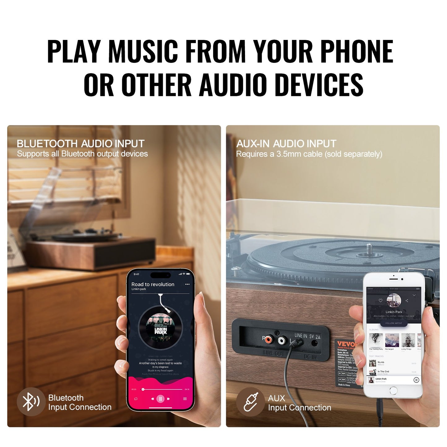 Bluetooth-Schallplattenspieler, bandbetriebener Plattenspieler mit 3 Geschwindigkeiten, 10-W-Lautsprecher