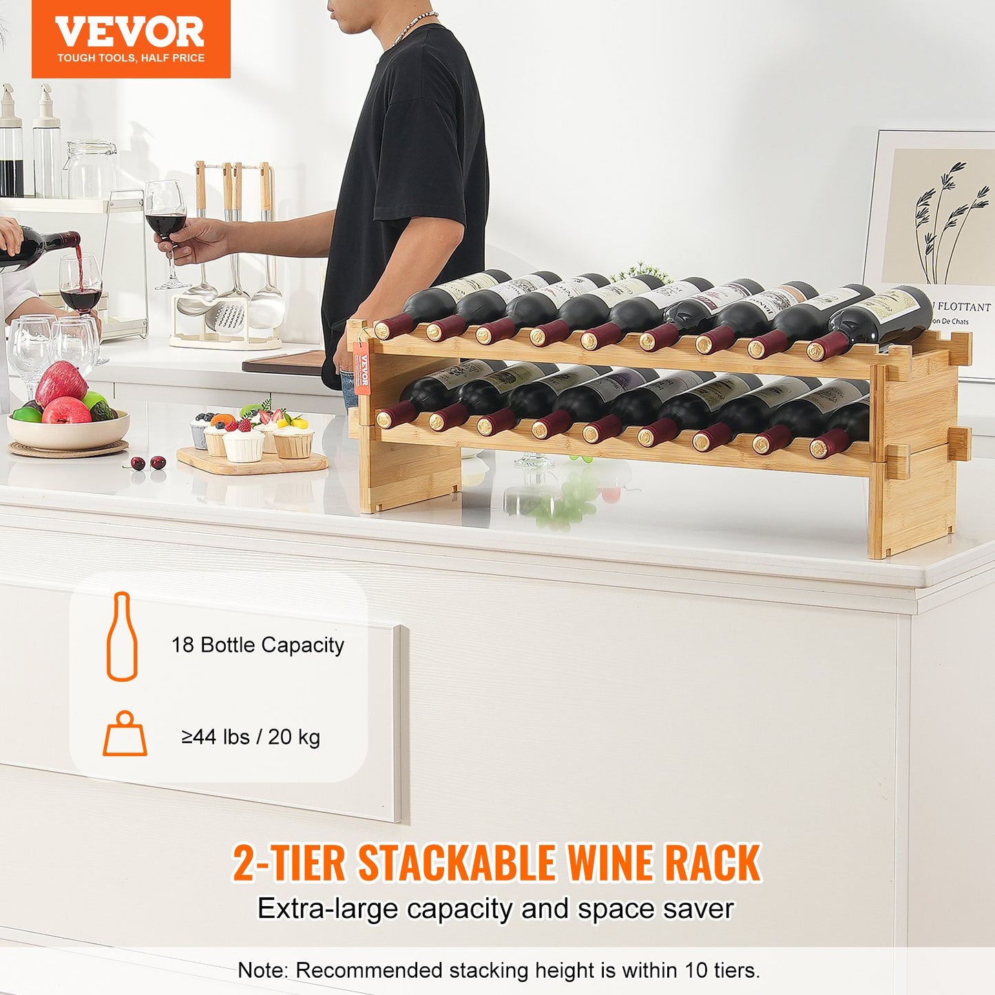 18 Bottles Stackable Modular Wine Rack Bamboo Wood Display Shelf 2-Tier