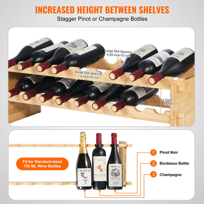 18 Bottles Stackable Modular Wine Rack Bamboo Wood Display Shelf 2-Tier