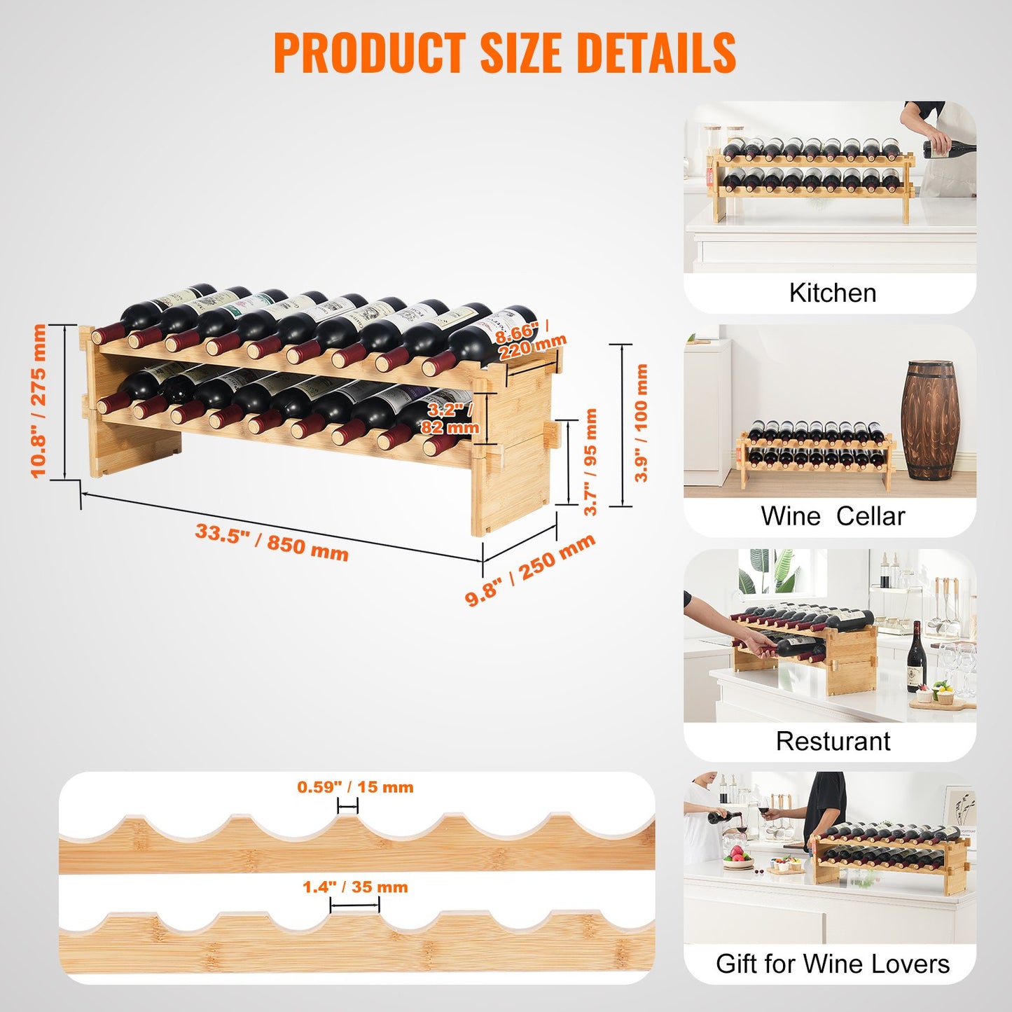 18 Bottles Stackable Modular Wine Rack Bamboo Wood Display Shelf 2-Tier