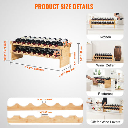 18 Bottles Stackable Modular Wine Rack Bamboo Wood Display Shelf 2-Tier