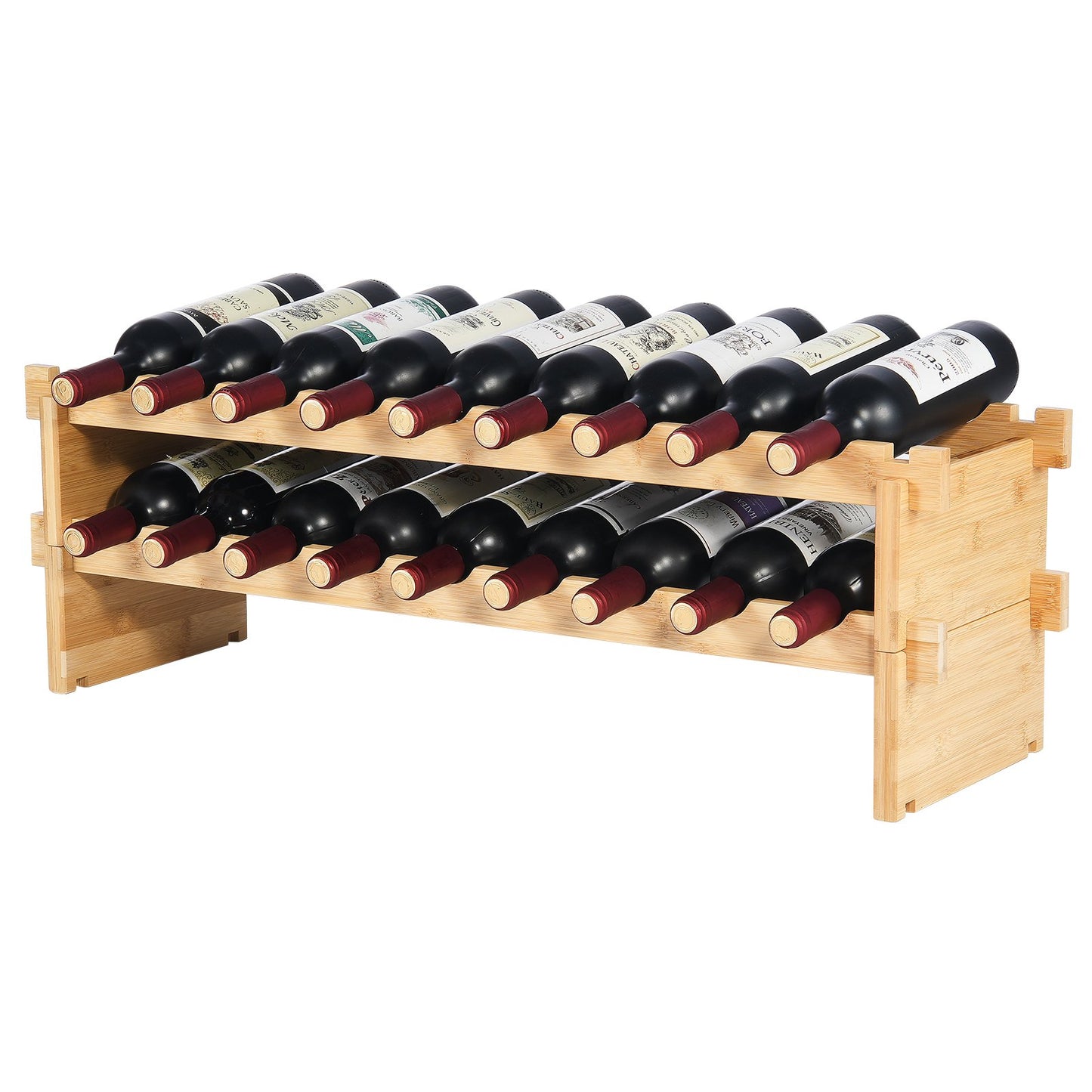 18 Bottles Stackable Modular Wine Rack Bamboo Wood Display Shelf 2-Tier