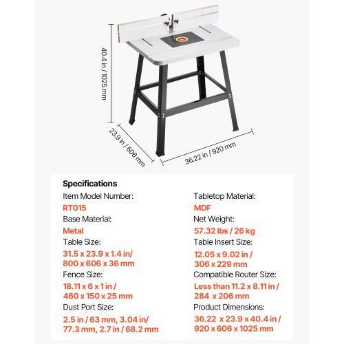 Bänkmonterat fräsbord 89x61 cm med staket i MDF-topp, dammuppsamlingsport