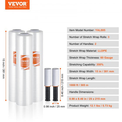 Stretch Film, 15 Inch x 1000 Feet, 3-Pack, 60 Gauge Industrial Strength Clear Durable Stretch Wrap Roll, Heavy Duty Shrink Film Stretch Wrap with Handle for Pallet Wrapping Transport Moving | EU