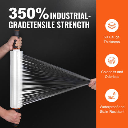 Stretchfilm, 15 tum x 1000 fot, 4-pack, 60 Gauge Industriell styrka Klar Slitstark Stretch Wrap Roll, Heavy Duty Krympfilm Stretch Wrap med handtag för pallomslag Transport Flytta