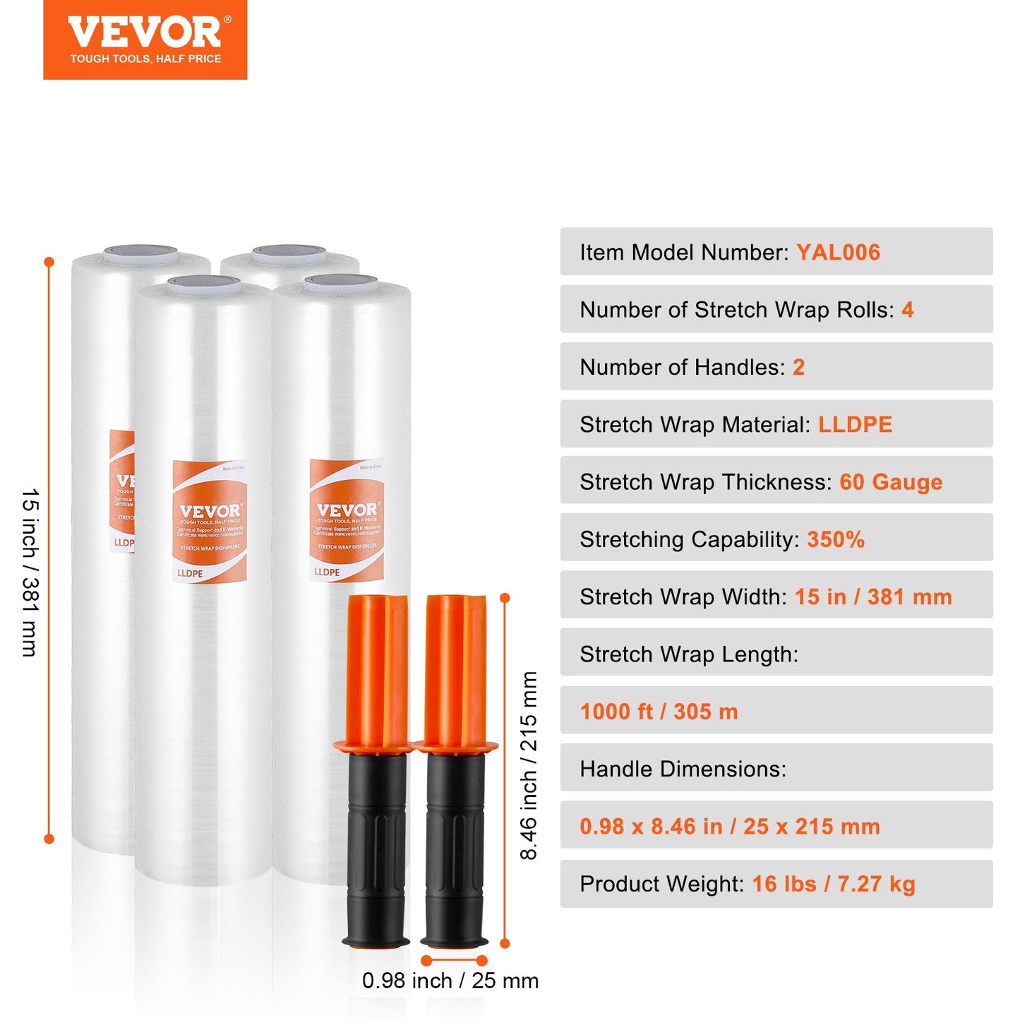 Stretchfilm, 15 tum x 1000 fot, 4-pack, 60 Gauge Industriell styrka Klar Slitstark Stretch Wrap Roll, Heavy Duty Krympfilm Stretch Wrap med handtag för pallomslag Transport Flytta