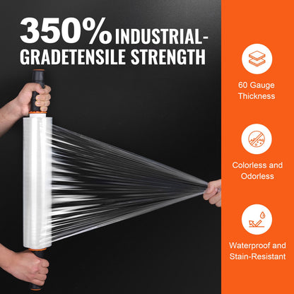 Stretchfilm, 15 tum x 1000 fot, 2-pack, 60 Gauge Industriell styrka Klar Slitstark Stretch Wrap Roll, Heavy Duty Krympfilm Stretch Wrap med handtag för pallomslag Transport Flytta