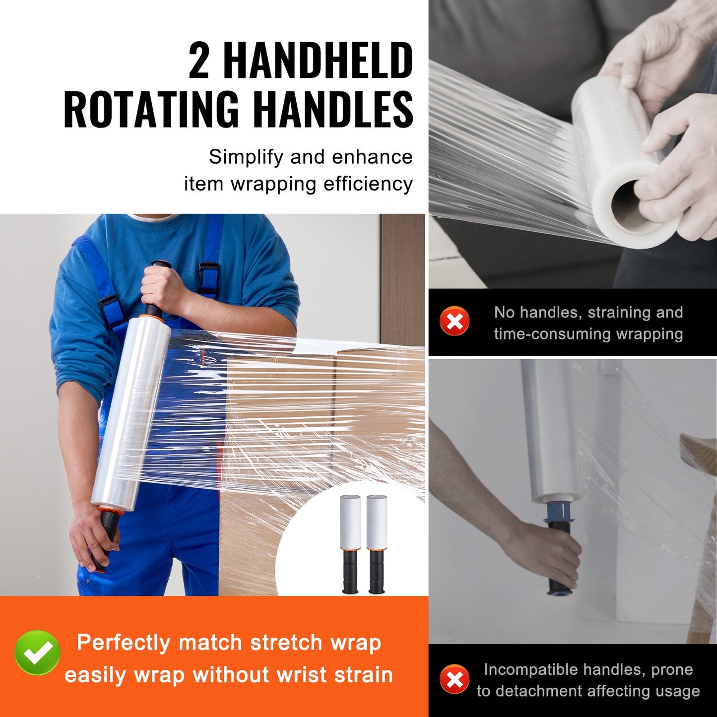 Stretchfilm, 15 tum x 1000 fot, 2-pack, 60 Gauge Industriell styrka Klar Slitstark Stretch Wrap Roll, Heavy Duty Krympfilm Stretch Wrap med handtag för pallomslag Transport Flytta